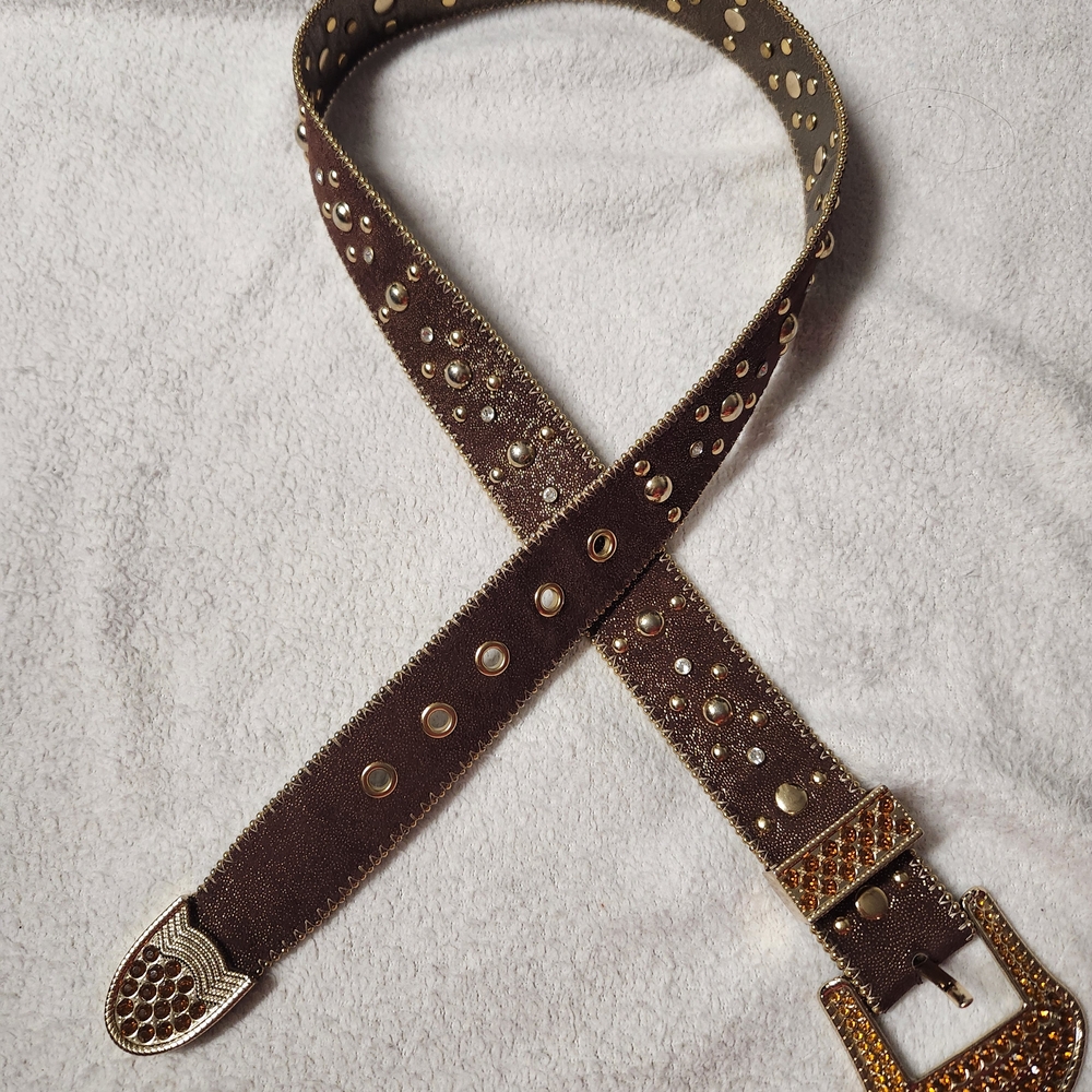 Vintage Kathy Van Zeeland Brown and Gold Studded Rinestone Belt